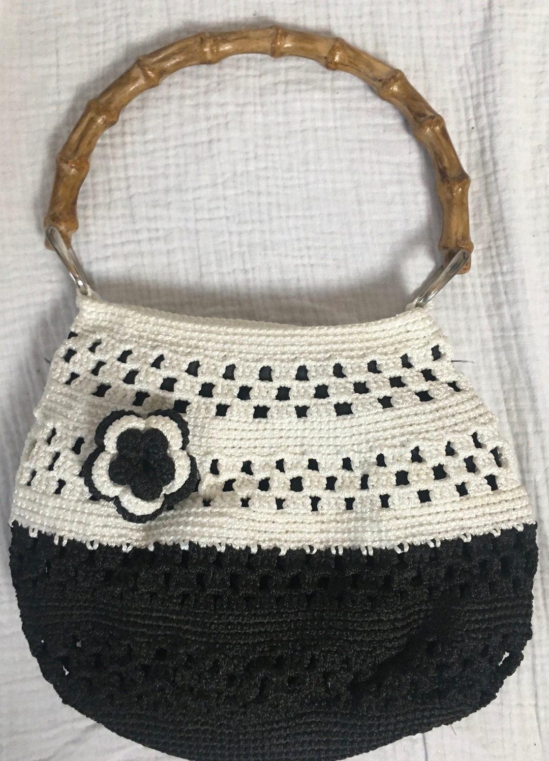 Vintage Crochet Black and White Flower Detail Bag With a Etsy