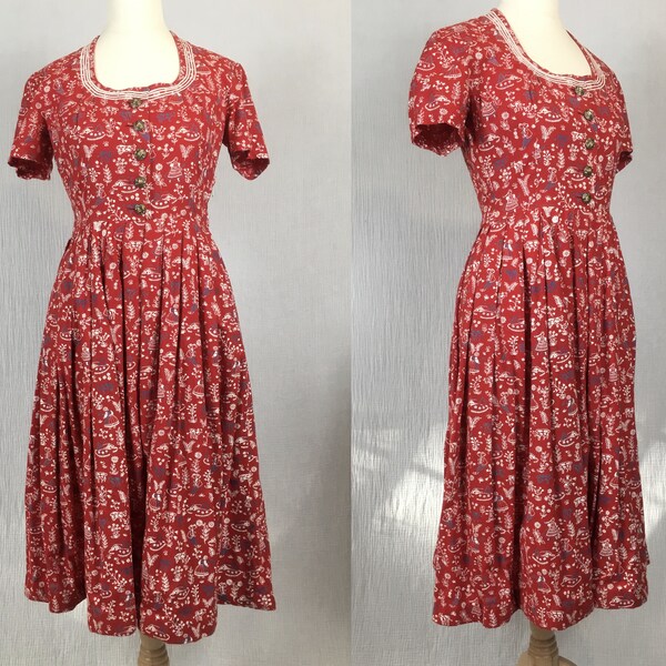 Vintage 1970s Red Folk Cottage Dress Size EU34 UK6