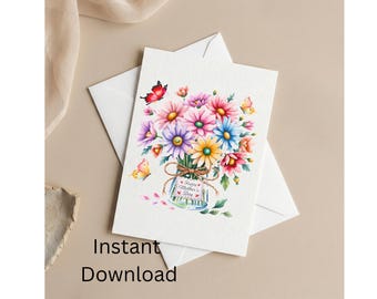 花柄の母の日カード｜水彩画風の花束と蝶々（デジタルダウンロード）