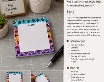 Rainbow Paw Print Notepad | Handmade 3x3 Inch Memo Pad | Pet Lover Desk Accessory