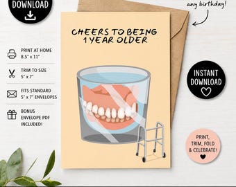 Funny Aging Birthday Card | Dentures & Walker Humor (Digital Download)