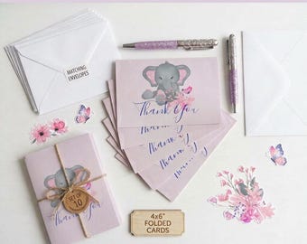 Watercolor Elephant Thank You Cards Set | Baby Shower Floral Notes