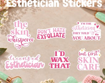 Esthetician Sticker Sheet, 24 Stickers with 10 Designs, Pink Skincare & Waxing Stickers, Esthetician Gift