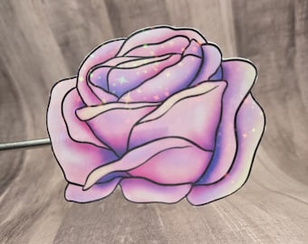 Holographic Pink Rose Sticker, Water-Resistant Vinyl