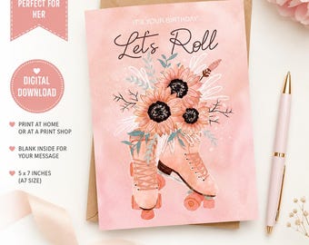Retro Roller Skate Birthday Card | Watercolor Floral Sunflowers (Digital Download)