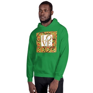 Sudadera unisex con estampado kente Love Africa (negro, blanco y verde)