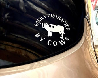 May include: A white vinyl sticker on a car window that says "Easily Distracted By Cows" with a black and white cow illustration.