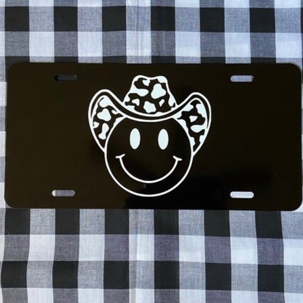 Cowboy smiley face cute front license plate | car tag | vanity plate | cute car tag | smiley face car tag