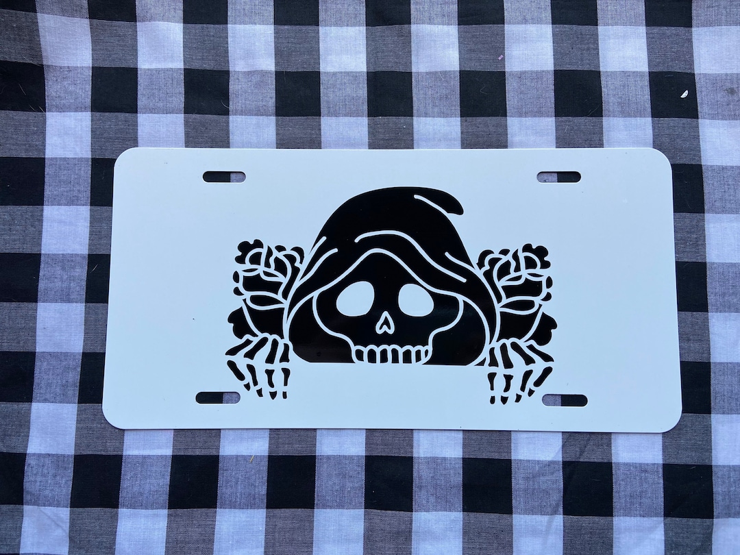 Peeking Grim Reaper Funny Front License Plate Car Tag Vanity Plate