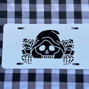Peeking grim reaper funny front license plate | car tag | vanity plate | front license plate | funny vanity plate | funny car tag