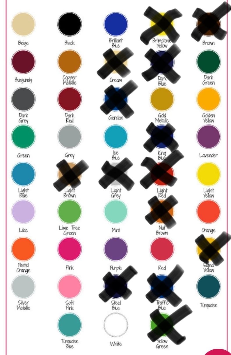 Peut inclure: Un tableau pr&eacute;sentant 36 &eacute;chantillons de couleurs, chacun avec un nom en dessous. Les couleurs sont dispos&eacute;es en lignes et en colonnes. Les couleurs incluent le beige, le noir, le bleu brillant, le jaune soufre, le marron, le bordeaux, le cuivre m&eacute;tallis&eacute;, la cr&egrave;me, le bleu fonc&eacute;, le vert fonc&eacute;, le gris fonc&eacute;, le rouge fonc&eacute;, le gentian, le dor&eacute; m&eacute;tallis&eacute;, le jaune dor&eacute;, le vert, le gris, le bleu glacier, le bleu roi, la lavande, le bleu clair, le brun clair, le gris clair, le rouge clair, le lilas, le vert citron, la menthe, le brun noisette, l'orange, l'orange pastel, le rose, le violet, le rouge, le jaune signal, le argent&eacute; m&eacute;tallis&eacute;, le rose p&acirc;le, le bleu acier, le bleu trafic, le bleu turquoise, le blanc et le vert jaune.