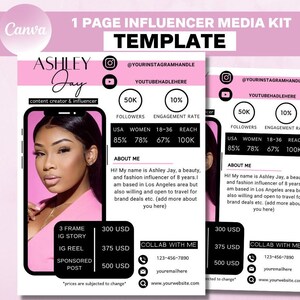 May include: A pink and black media kit template for a content creator or influencer. The template includes a photo of a woman, her social media handles, follower count, engagement rate, and pricing for different types of content. The text "Ashley Jay" is featured in a pink and black font.
