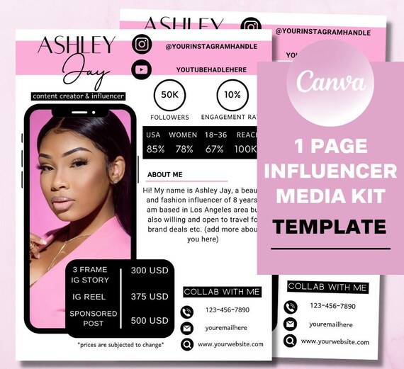 1 Page Influencer Media Kit, Media Kit Template, Instagram Influencer Template, Canva Media Kit, blogger template, canva template, flyer