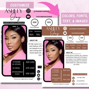 May include: A pink and brown social media template for a content creator and influencer named Ashley Jay. The template includes a photo of Ashley Jay, her social media handles, follower count, engagement rate, and pricing for different types of content. The text "Customize Colors, Fonts, Text, & Images" is at the top of the template.
