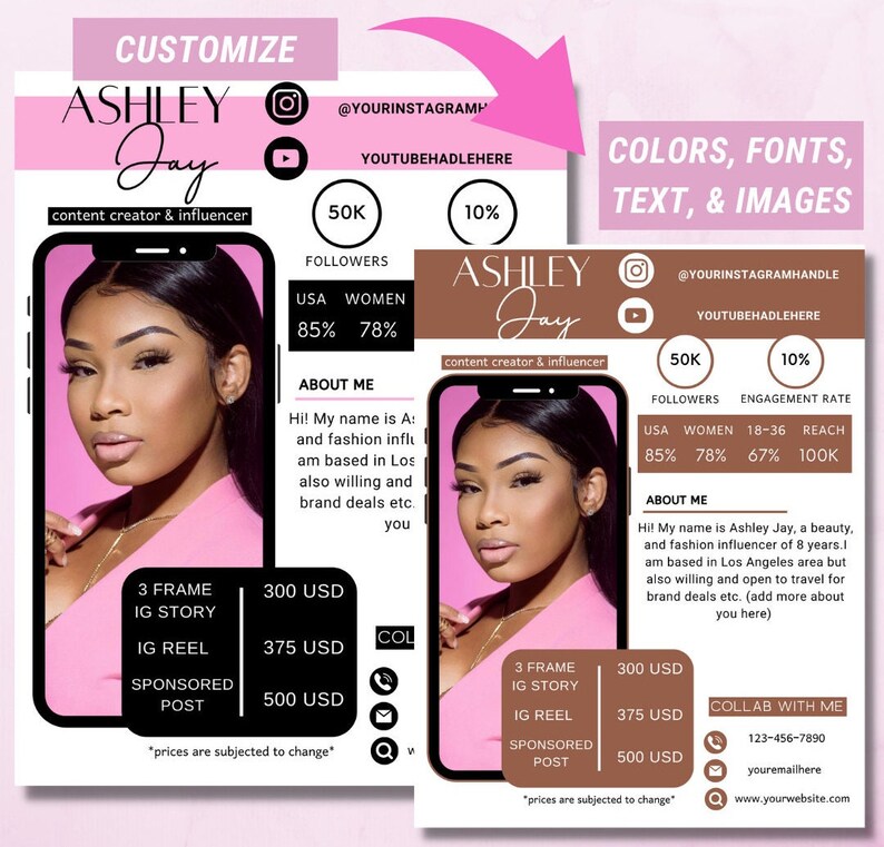 May include: A pink and brown social media template for a content creator and influencer named Ashley Jay. The template includes a photo of Ashley Jay, her social media handles, follower count, engagement rate, and pricing for different types of content. The text "Customize Colors, Fonts, Text, & Images" is at the top of the template.