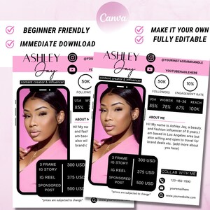 May include: A pink and black graphic template for social media featuring a photo of a woman with the text "Ashley Jay" and "content creator & influencer". The template includes pricing for different types of social media content, such as Instagram stories, reels, and sponsored posts.