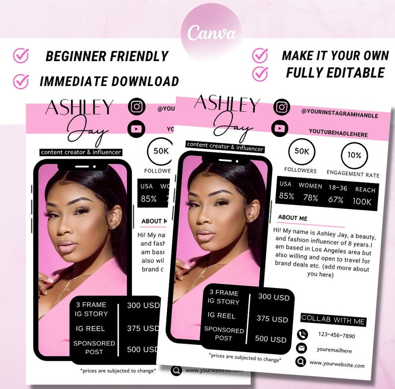 May include: A pink and black graphic template for social media featuring a photo of a woman with the text "Ashley Jay" and "content creator & influencer". The template includes pricing for different types of social media content, such as Instagram stories, reels, and sponsored posts.