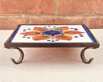 Square Trivet - Handmade in Italy, Painted by Hand, Glazed Ceramic, Floral Decoration, Wrought Iron Base, 21x21cm