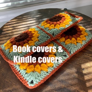 Crochet book cover, granny square style with metal clasp.