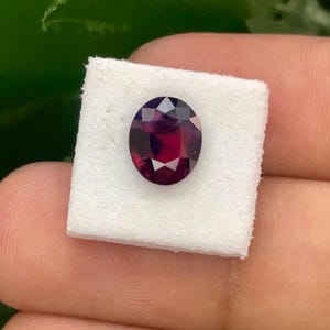 Puede incluir: Una piedra preciosa ovalada de color púrpura oscuro con un corte facetado, colocada sobre una almohadilla de espuma blanca.