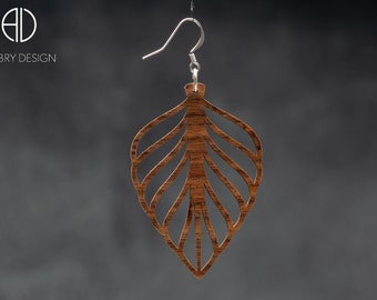 Wooden earring in the shape of a leaf. Lightweight and hypoallergenic stainless steel ear hook.