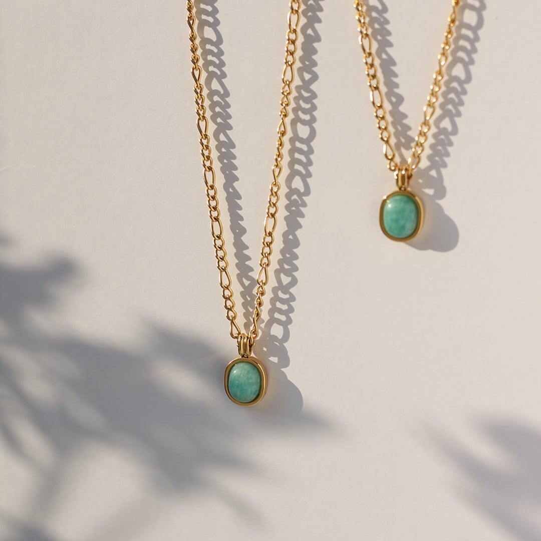 Natural Amazonite Stone Necklace, Real Amazonite Stone Pendant, Gold Waterproof Figaro Chain Necklace, Genuine Amazonite Necklace WATERPROOF