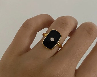 18K Gold Black Enamel Rectangle Gold Signet Rings, Zirconia North Star Ring, Wide Gold Ring, Statement Ring, Chuncky Ring Gold PVD Ring