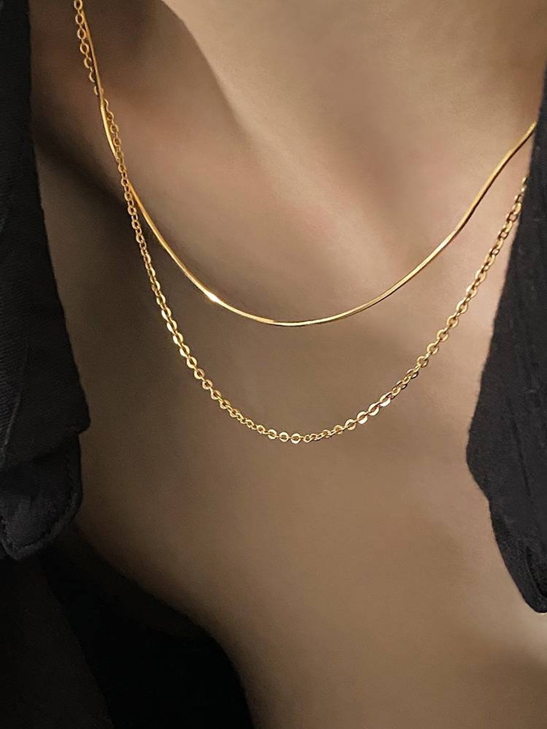 Gold Layered Necklace Double Layer Necklace Gold Herringbone Etsy