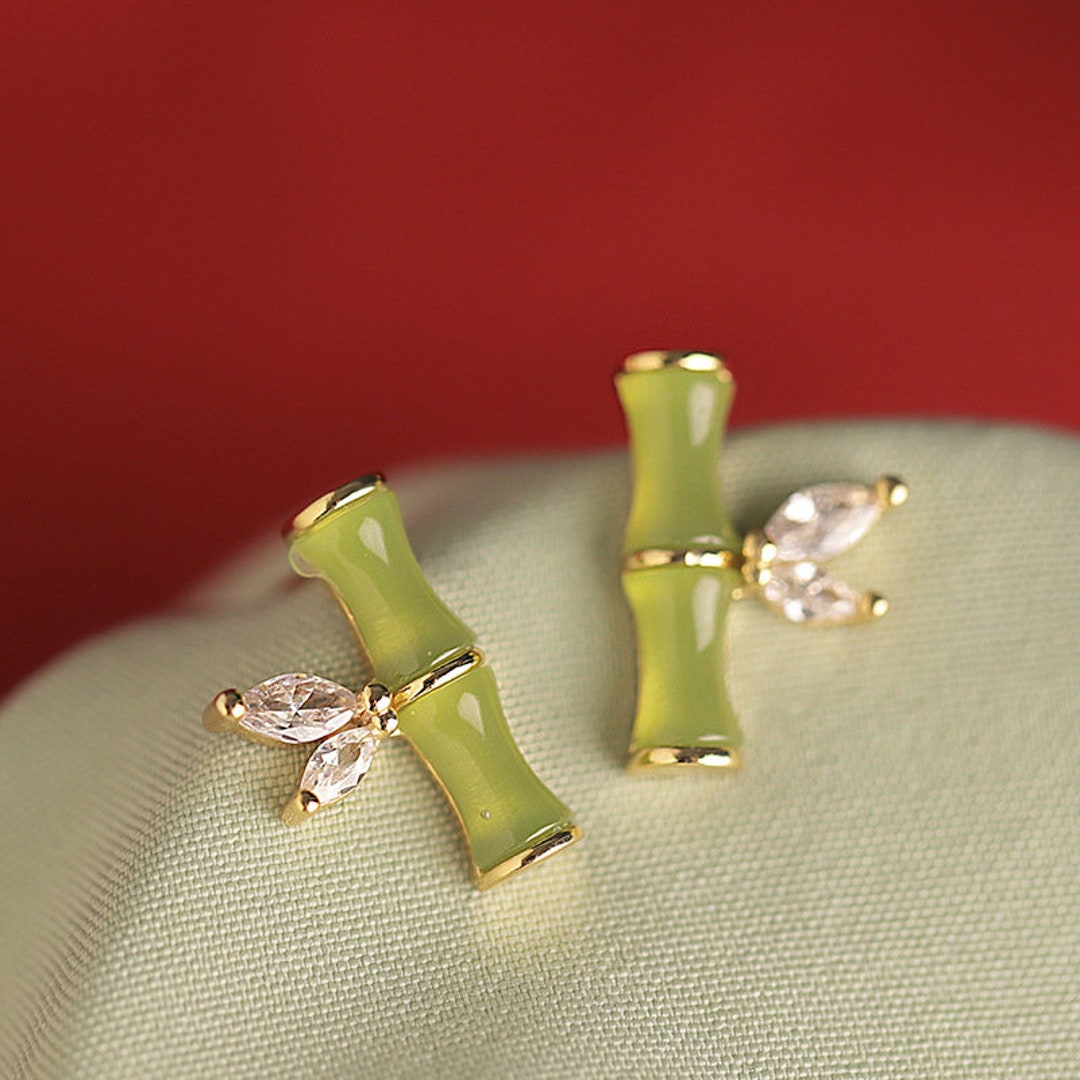 Green Jade Bamboo Earrings Green Bamboo Stud Earrings White Etsy