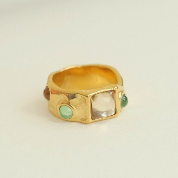 18K Gold chunky ring, emerald cz ring, gemstone ring, thick ring, gold ring, crystal ring, mother of pearl ring, waterproof ring, ring gift