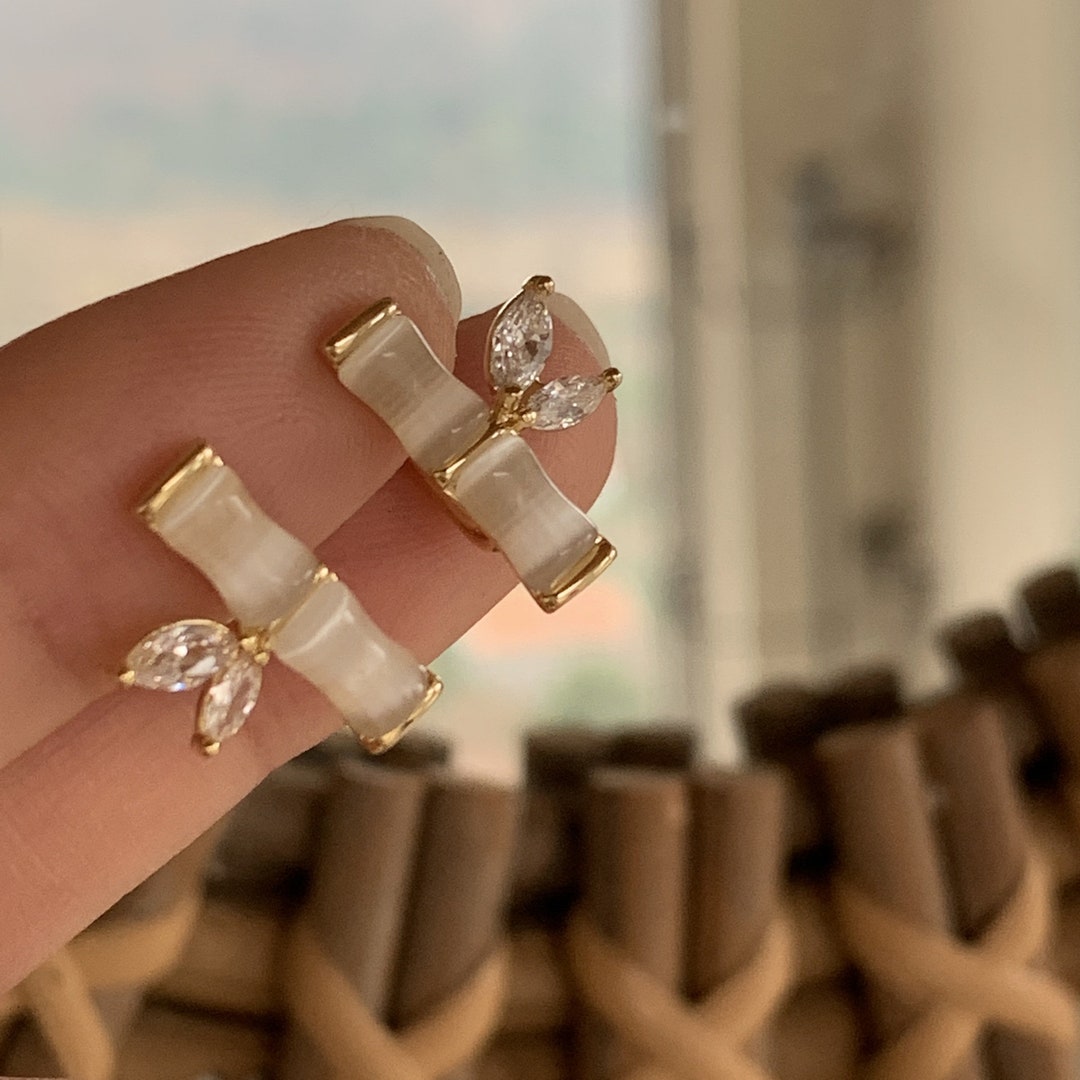 White Jade Bamboo Earrings, Gold Bamboo Stud Earrings, White Jade