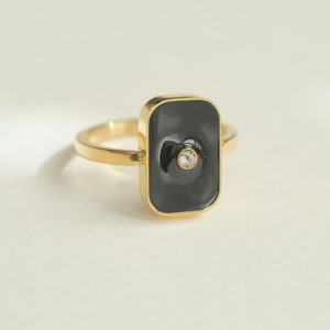 18K Gold Black Enamel Rectangle Gold Signet Rings, Zirconia North Star Ring, Wide Gold Ring, Statement Ring, Chuncky Ring Gold PVD Ring