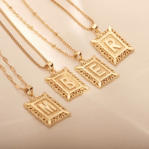 18K Gold Initial Letter Necklace, Gold Initial Letter Pendant, Square Alphabet Rectangle Medallion Pendant, Name Initial Necklace, A-Z