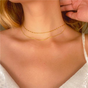 Gold Layered Necklace, Double Layer Necklace, Gold Herringbone Necklace, Sequin Chain, Snake Chain Necklace, WATERPROOF, Tarnish Free