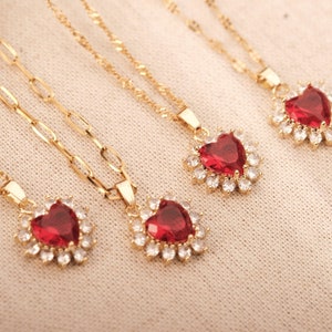 18K Gold PVD Vintage Ruby Heart Necklace Red Ruby Necklace With Diamond Halo  WATERPROOF Pave cz Necklace, CZ Pendant Necklace, Red Heart