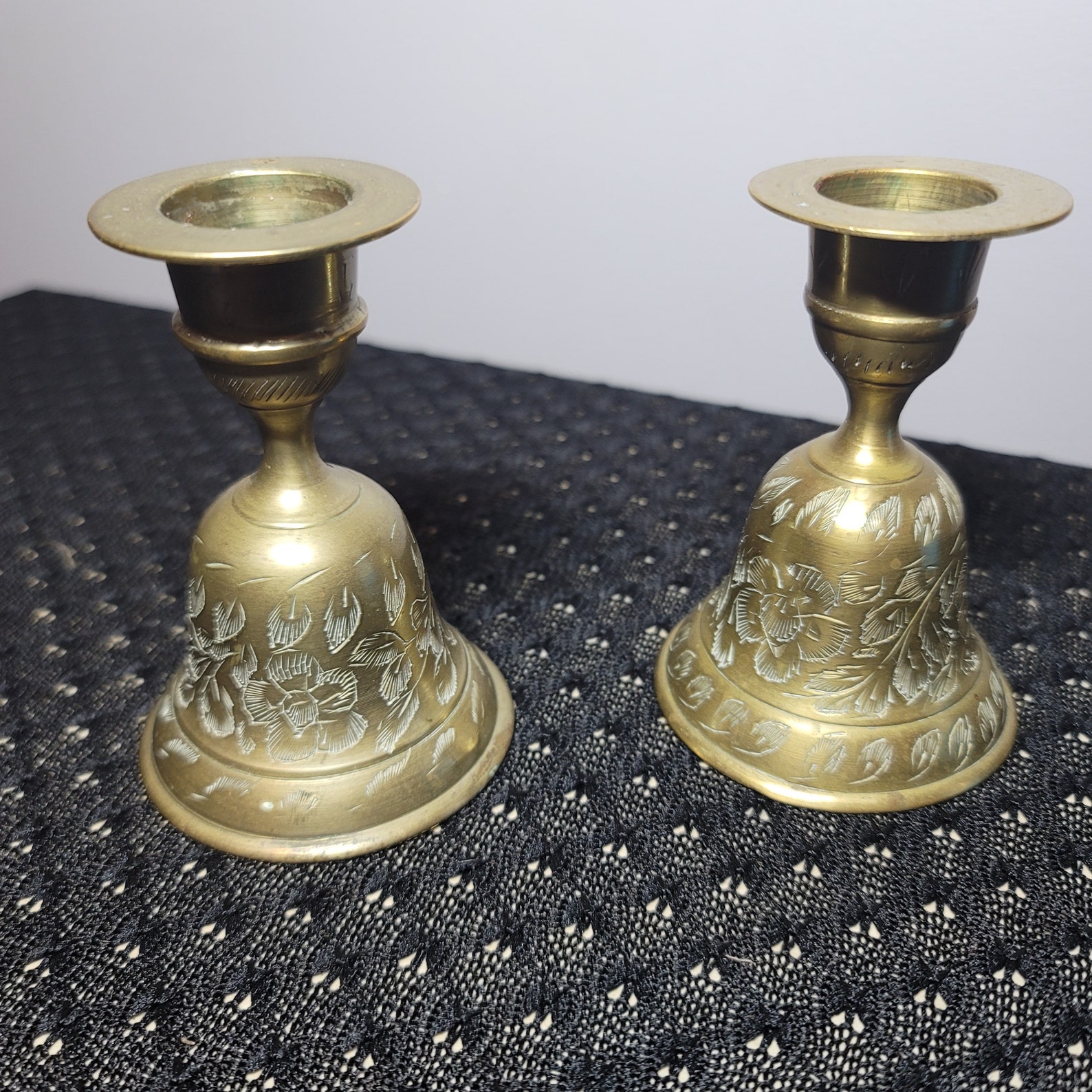 Vintage solid brass intricately etched bell and candle holder. Etsy