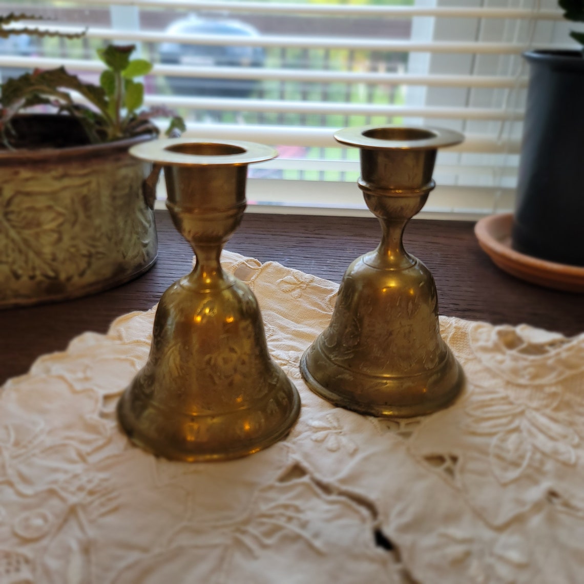Vintage solid brass intricately etched bell and candle holder. Etsy