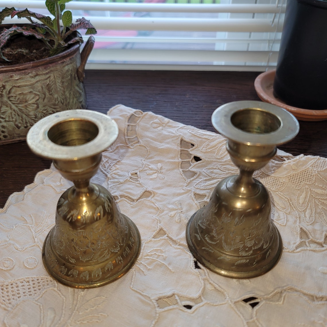 Vintage solid brass intricately etched bell and candle holder. Etsy