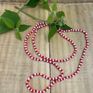 May include: A set of red and white beaded necklaces. The larger necklace is longer and the smaller necklace is shorter. Both necklaces are made of small, round beads.
