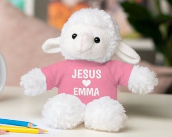 Lamb | CUSTOM NAME | 8" Stuffed Animal Plushie with Tee Shirt: Jesus Loves (Child's Name)