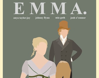 May include: A minimalist poster featuring the word "EMMA" in large, gray capital letters, with the names of the actors below. The illustration depicts two figures in period clothing, a woman in a light purple dress and a man in a coat and hat.