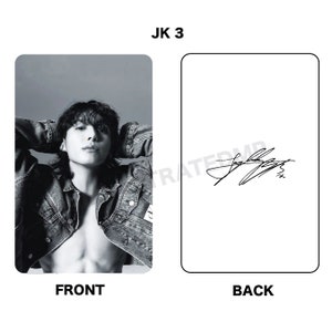 May include: Black and white photo card of a man wearing a denim jacket with his arms raised. The back of the card has a black and white signature.
