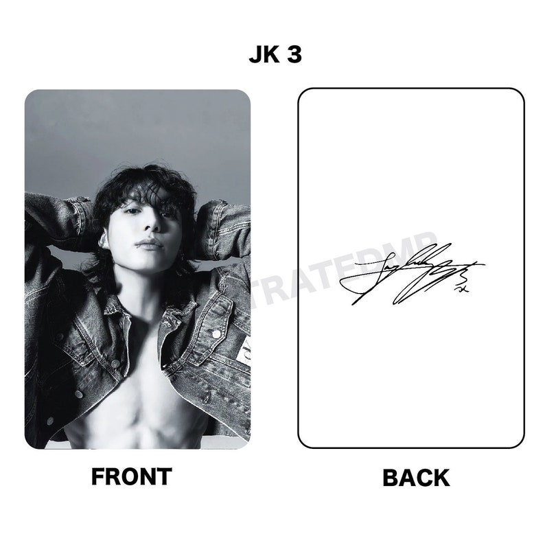 May include: Black and white photo card of a man wearing a denim jacket with his arms raised. The back of the card has a black and white signature.