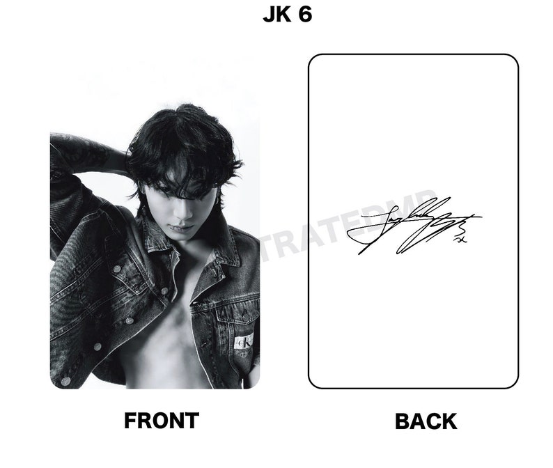May include: Black and white photo card featuring a man wearing a denim jacket with his hair covering his forehead. The back of the card has a black and white signature.