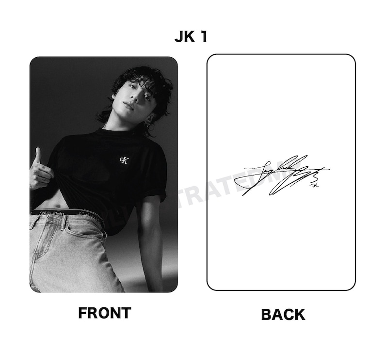 May include: Black and white photo card featuring a man wearing a black t-shirt with a white logo and blue jeans. The back of the card has a black and white signature.