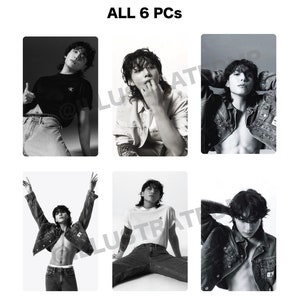 May include: Six black and white photos of a person wearing different outfits. The person is wearing a black t-shirt, a white t-shirt, a denim jacket, and jeans. The photos are all in a grid format.