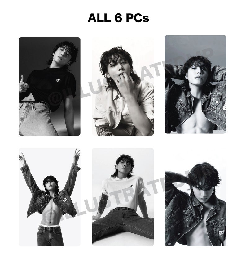 May include: Six black and white photos of a person wearing different outfits. The person is wearing a black t-shirt, a white t-shirt, a denim jacket, and jeans. The photos are all in a grid format.