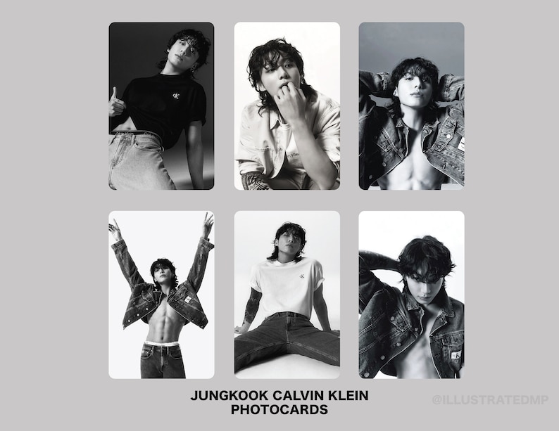 May include: Six black and white photos of a person wearing different Calvin Klein clothing. The photos show the person in a variety of poses, including standing, sitting, and lying down. The photos are all in a grid format, with three photos in each row. The text "JUNGKOOK CALVIN KLEIN PHOTOCARDS" is at the bottom of the image. The text "@ILLUSTRATEDMP" is at the bottom right of the image.