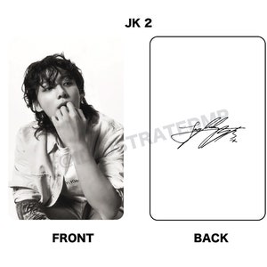 May include: Black and white photo card featuring a portrait of a person with long hair on the front and a handwritten signature on the back.