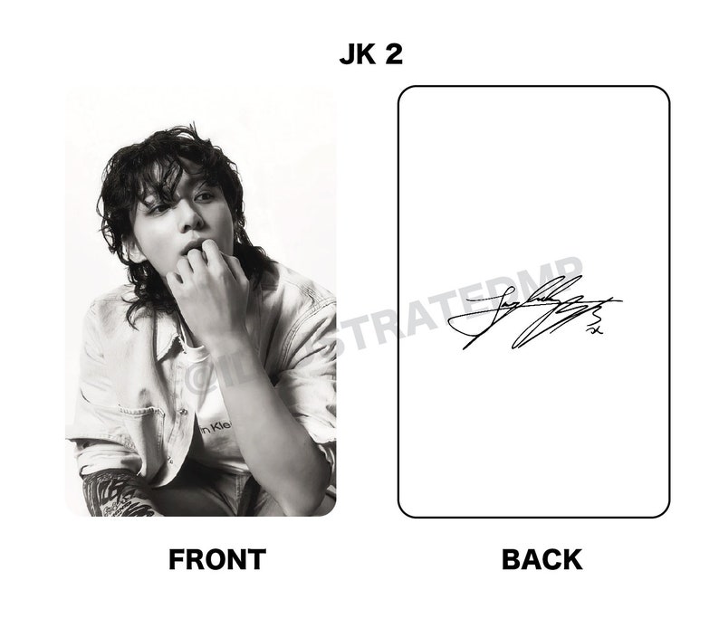 May include: Black and white photo card featuring a portrait of a person with long hair on the front and a handwritten signature on the back.